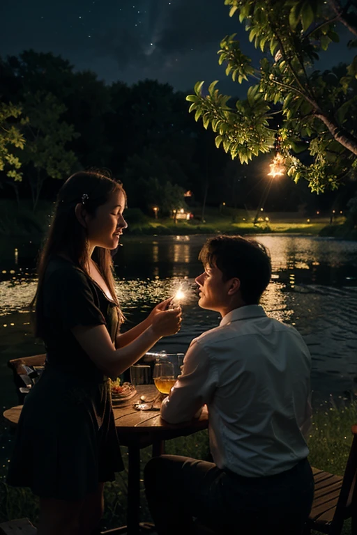  By the lake, a family dinner's grace,
Fireflies dance in a dreamy place,
Under the stars, the night turns magical,
Love and laughter feel so classical.