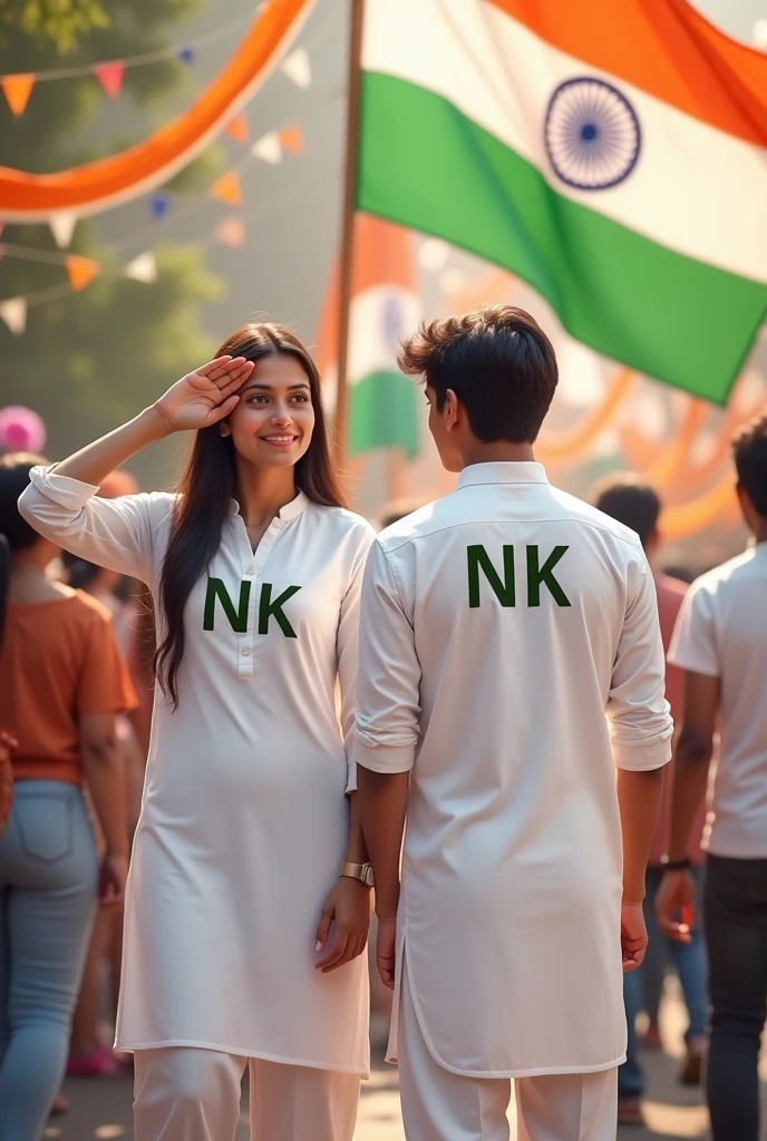 A real 25 year old Indian girl and boy named Cutee, standing proudly in front of the Indian flag, girl and boy wearing a white kurta with 'NK' written both on it. She is saluting the flag, and the background features a festive atmosphere with tricolor decorations and other people celebrating Independence Day