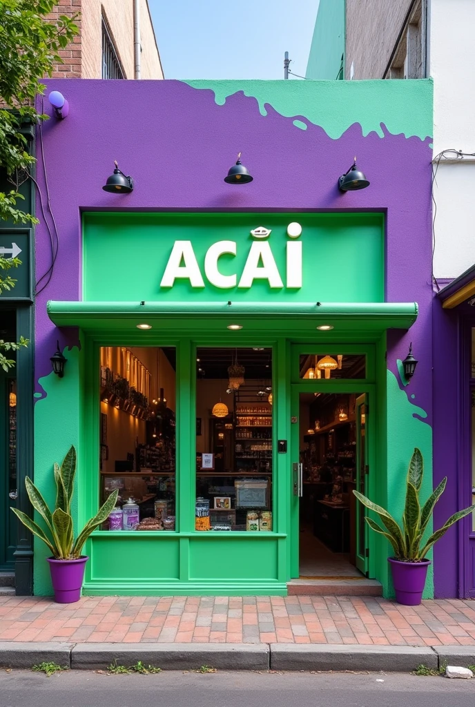 Green and purple açaí shop facade, slab with two windows and one door