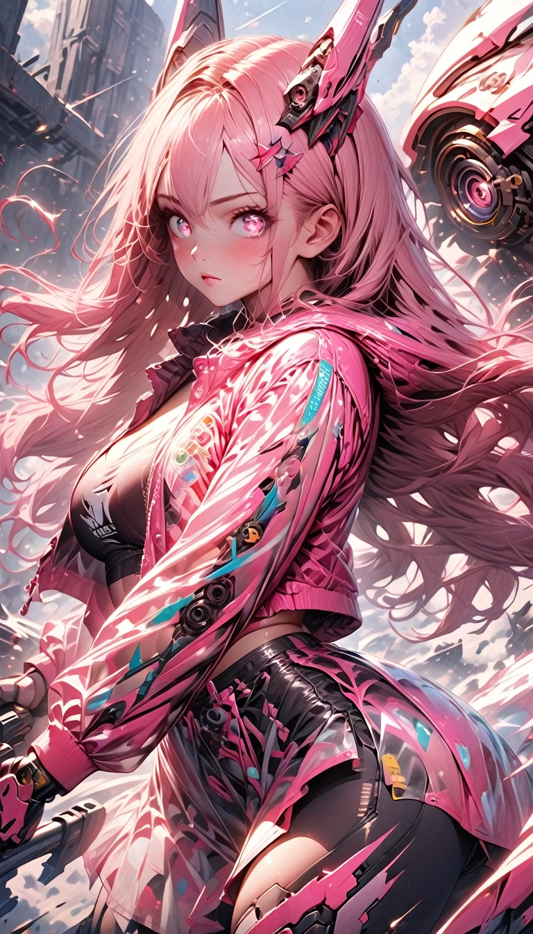 ((masterpiece))) whole body, whole body Shot (One Girl) ((Pink Hair, Long Hair, Straight hair, Both sides up))), ((Green Eyes))), eye shadow, eyeliner, Glow Eye, Hyper Detail Eye, Complex eyes, Beautiful Eyes, Detailed eyes, (((Star-shaped pupils, Shining pink eyes))) 18-year-old girl. (Wearing a transparent PVC jacket)) huge cool weapon mechanical in hand, huge cool weapon mechanical, Mecha, Mechaanism, mechanical, Open Stance, Coalesce(Realistic skin texture:1.3), rtrophto1