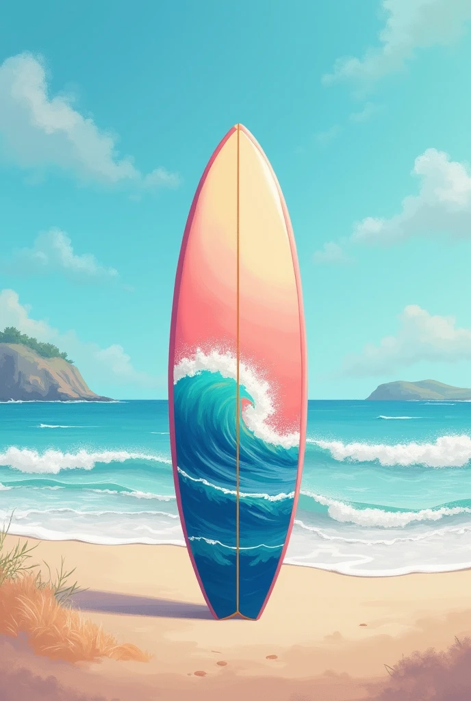 Surf board stand on the beach with orange pastel colors and some waves painted on the board. Painting style.