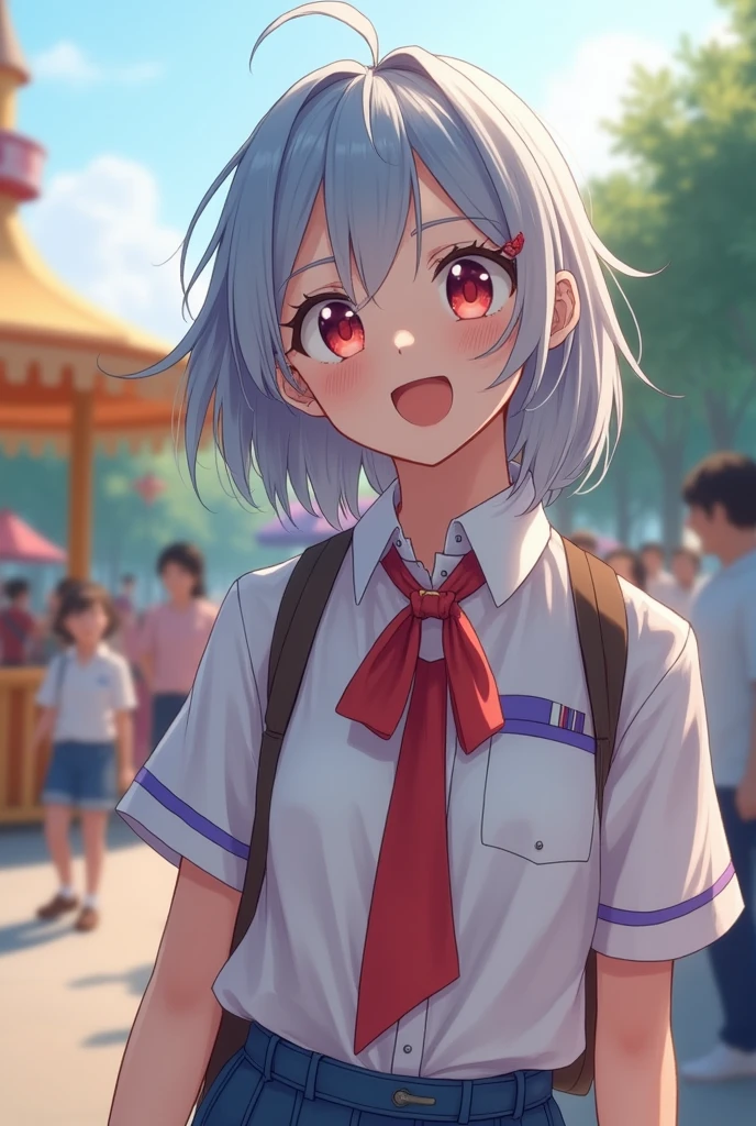 ((A scene of a cute 15-year-old cosplayer having fun at a theme park))、Japanese、Middle school students、