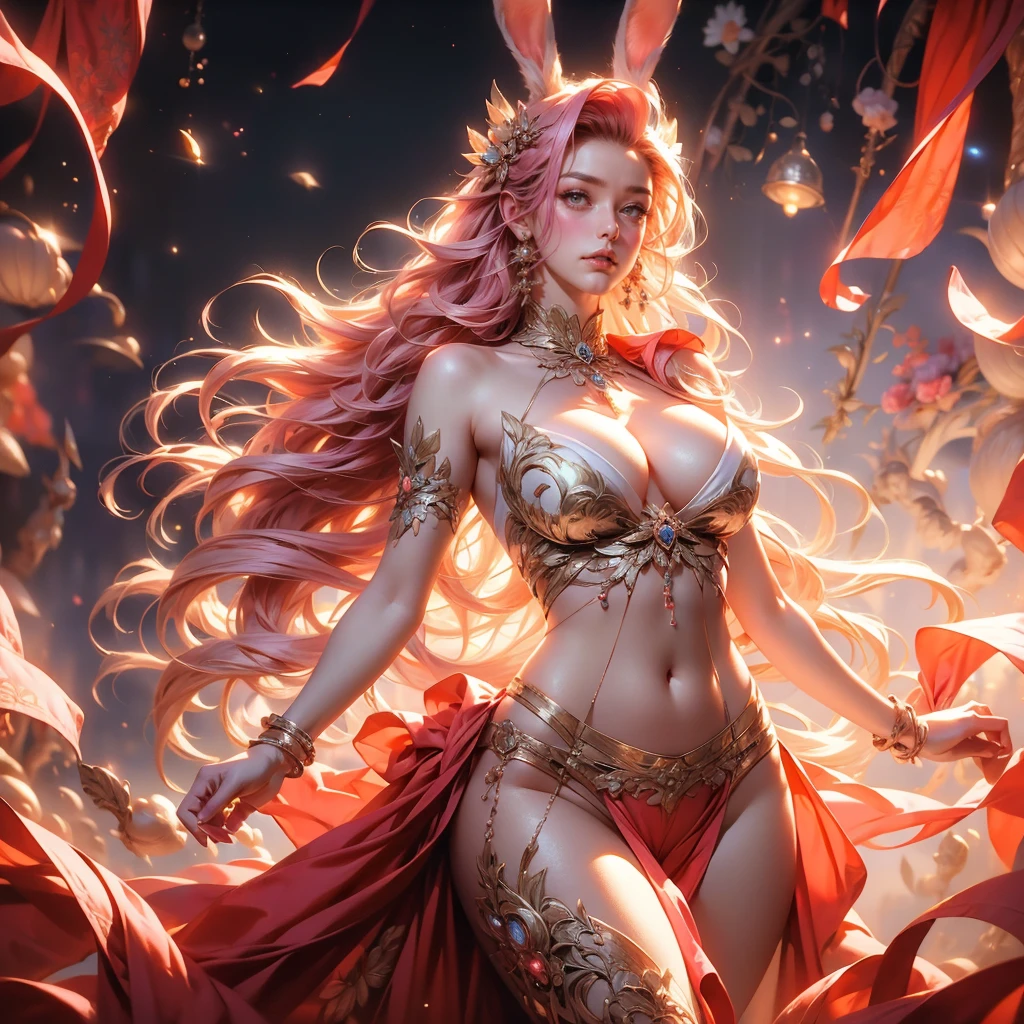 Best Quality, masterpiece, realist, meticulous detail, A beautiful and ethereal woman in an ethereal sky., big chest, very long legs, big hips, striking, sexy, happy, ray tracing, pink hair, (rabbit ears)