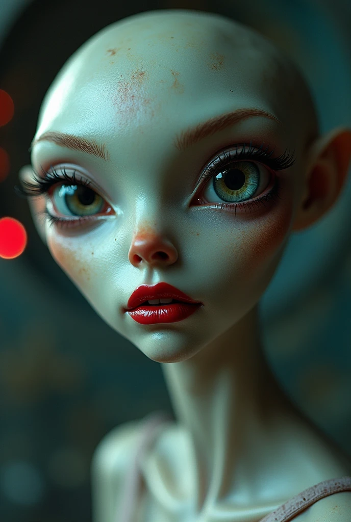 Portrait of a confused sexy female grey alien inside a ufo with very huge tits. Close up. Red lipstick 