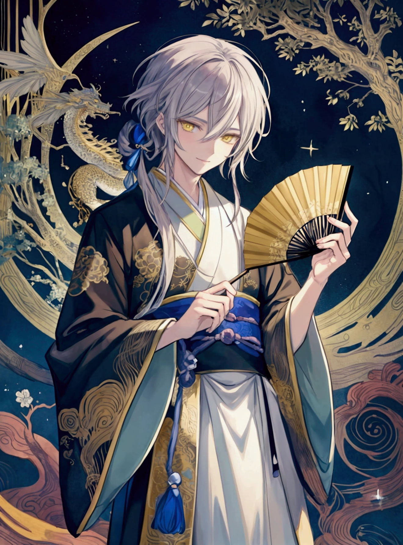(Masterpiece), ((Highest Quality)),(Official Art),mystical beauty:1.2),(1 solo anime man: 1.3). A beautiful androgynous sage with long tied black hair, yellow eyes, clad in a golden hanfu, has a serene smile, and holds an intricate hand fan. On the background is a large Chinese dragon and magical void night. Detailed picture. Detailed eyes. Soft fairytale picture Arthur Rackham-style. Colorful, best detailed ((super detailed)), (highly detailed 2D anime man illustration), ((mystical and beautiful))