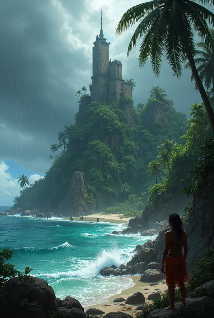 wide shot, panoramic shot, visible island, realistic photography, lara croft on mysteroius island Yamatai, shipwrecked, storm, heavy rain and wind, torn clothes, wounded,  hdr, film grain, captured with the cinematic quality of a DSLR camera, with a touch of film grain adding to the sense of realism and drama, deadly mysteriuos island, 