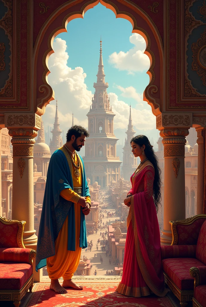 A vibrant city, Kanchanpur, where a wealthy merchant, Sagar Datt, and his son, Shridatt, live in a grand mansion. The son is seen preparing to leave on a long journey for trade, while his beautiful wife, Jayashree, watches with concern. The scene is filled with rich colors and luxurious surroundings."