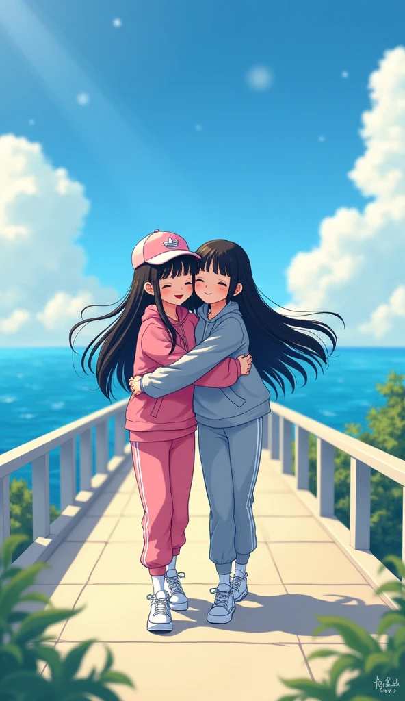 Two girls long black hairs, yuri,
(The first girl wear a pink adidas pants, pink cap)
(The second girl wore a grey adidas pants, grey cap)
white socks, white adidas sneakers, embrace at the waists, smiles, walking on the long bridge, blue sky, ocean, novel cartoon, 4K, HD