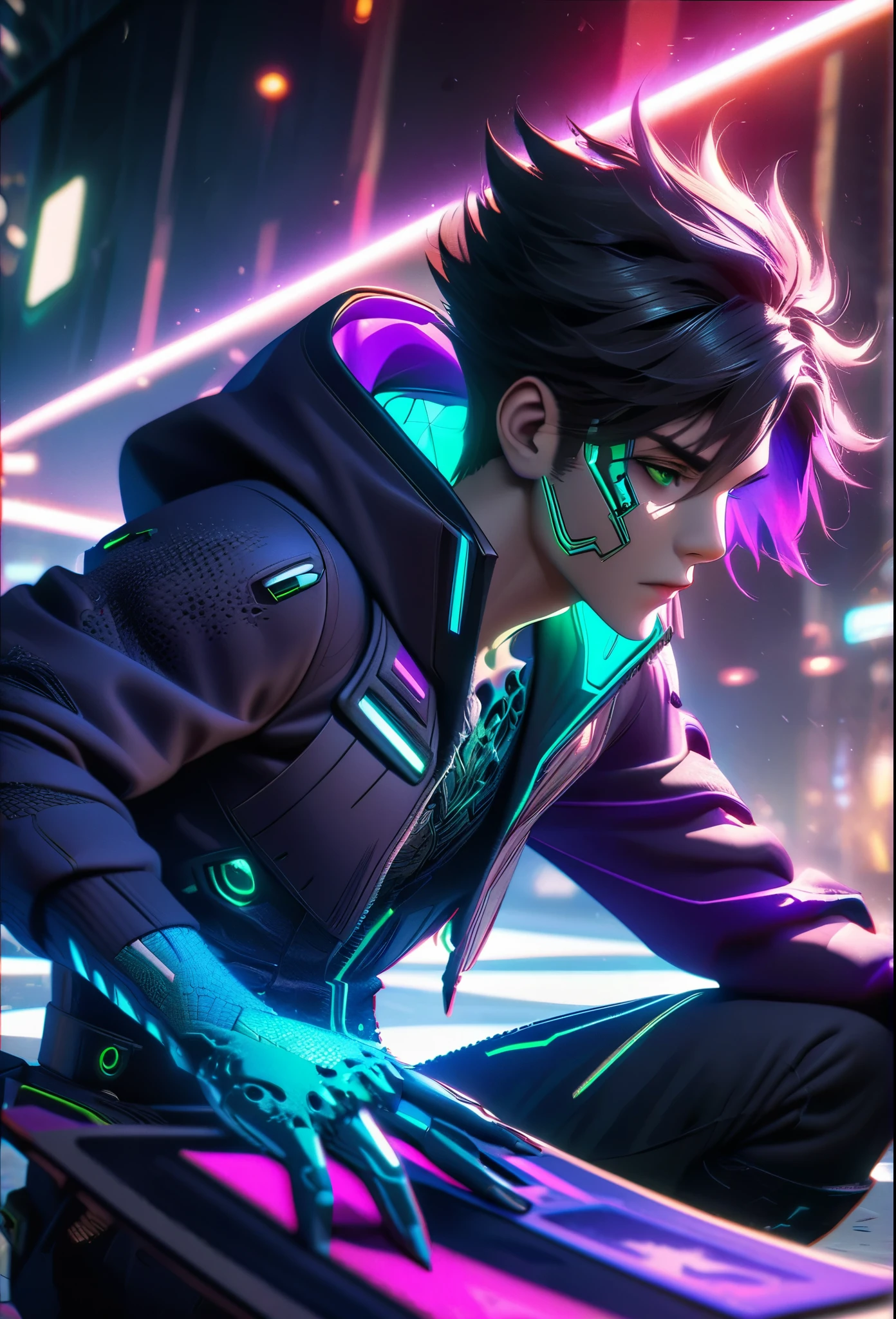 anime style, 1 man with short black hair and green eyes, wearing a black and purple hooded futuristic cyberpunk outfit, playing cards, intricate details, octane render, 8k, HDR, cinematic lighting, chiaroscuro, dramatic colors