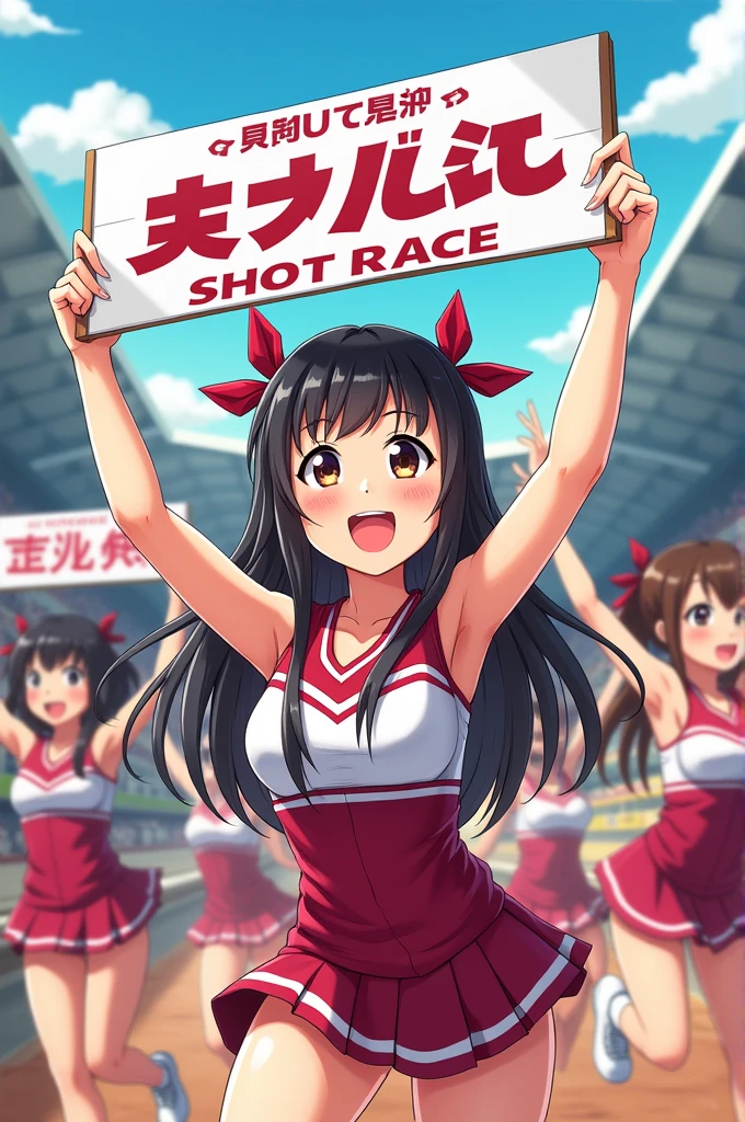 Cheerleaders holding up Japanese signs"Super Hot Race", Joyful, Happy, Anime illustration, Realistic,