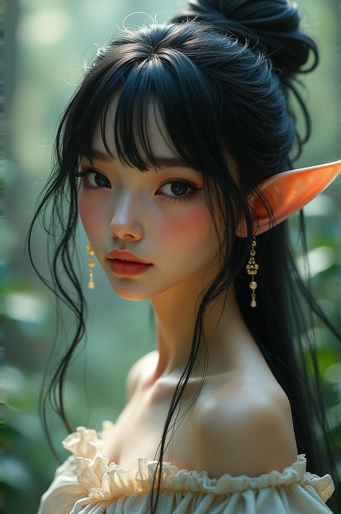 A woman with black, tied hair and bangs,dark shaped eyes,chubby mouth,and that it is an ultra realistic fairy