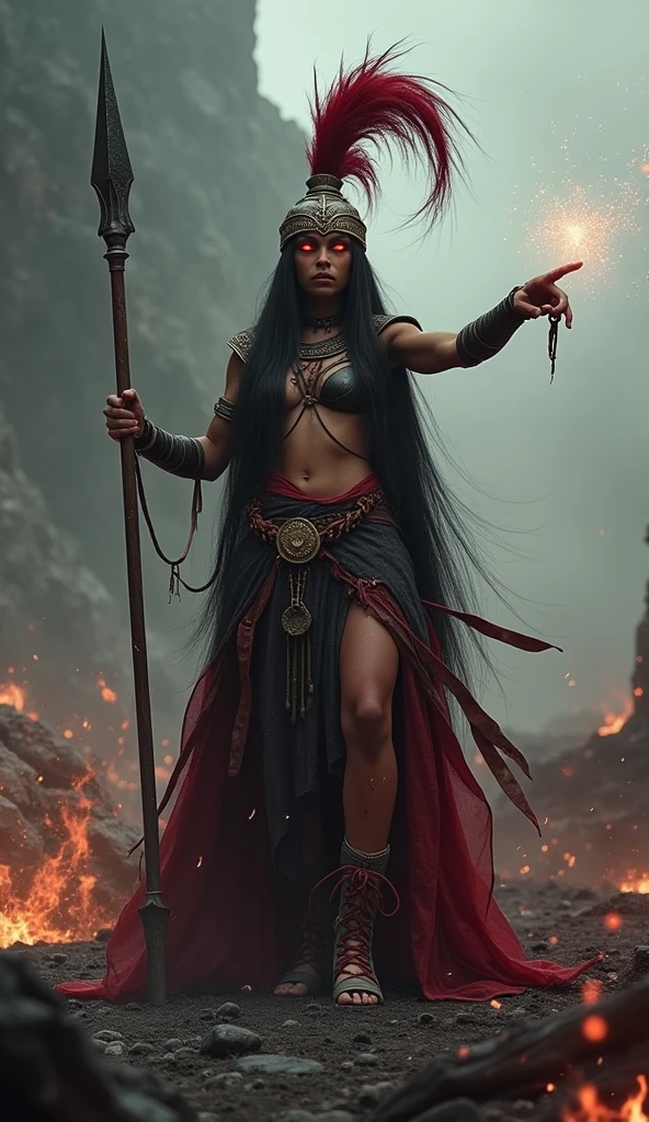 dark gloomy sci-fi and fantasy, native ancient woman, 35 years old, very strong and muscular, goddess of death and hell, powerful, majestic, angry, wearing a ancient gloomy skirt and tunic, sandals with high-tied laces to the knees, body stained with blood, red and black and gold ornaments, long straight hair, glowing eyes, pointing with long spear to viewer, ancient helmet with a long red plume, The woman steps proudly, Magic surrounds her hand and magical sparks are visible around her hand, dark magic, imersive background with landscape, she walks thru battlefield after battle. film grain, depth of field, HDR, RAW