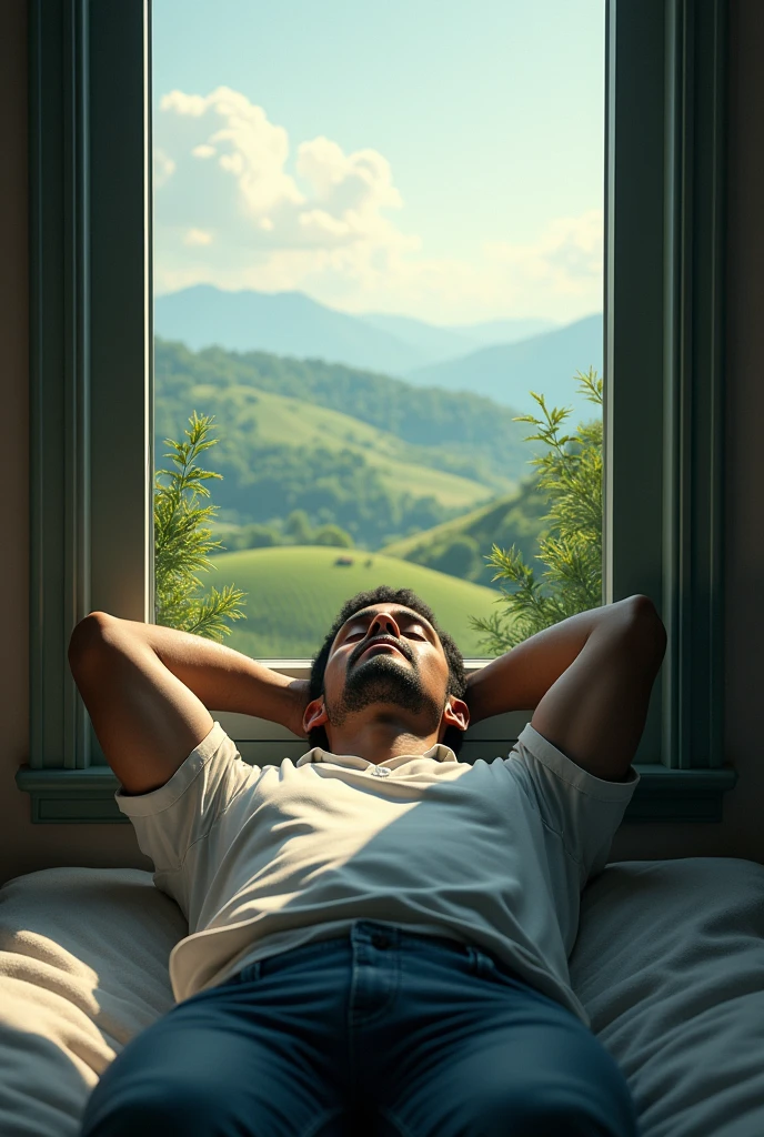 A man looking at the landscape through the window.. completely on his back