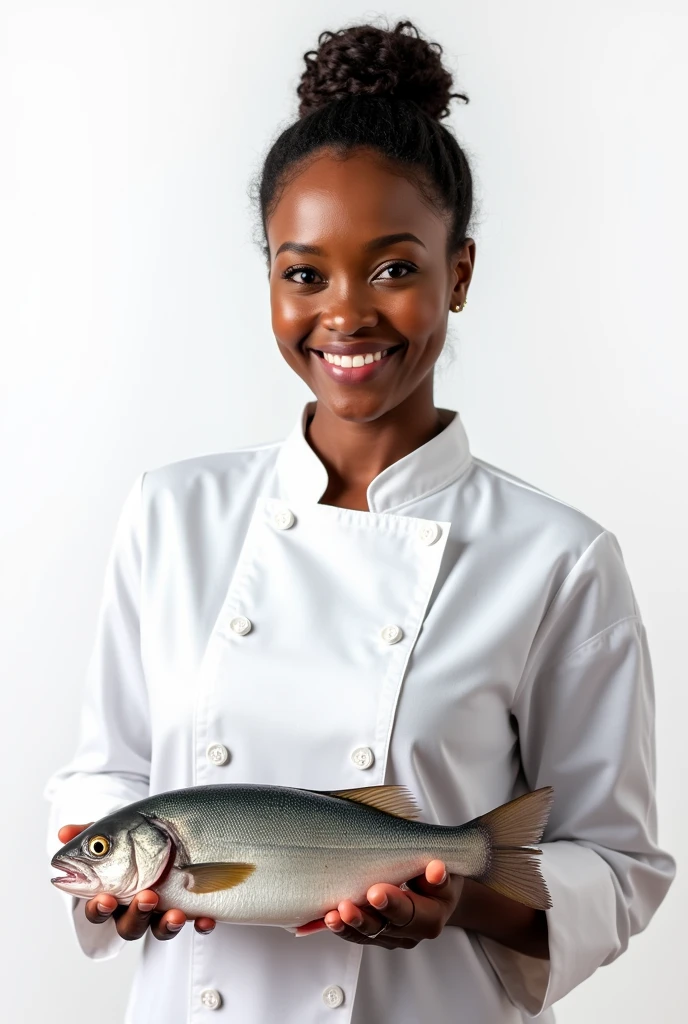 Woman, chef, black skin, smiling, holding fresh live fish, relaxed pose, best quality, detailed, white plain background