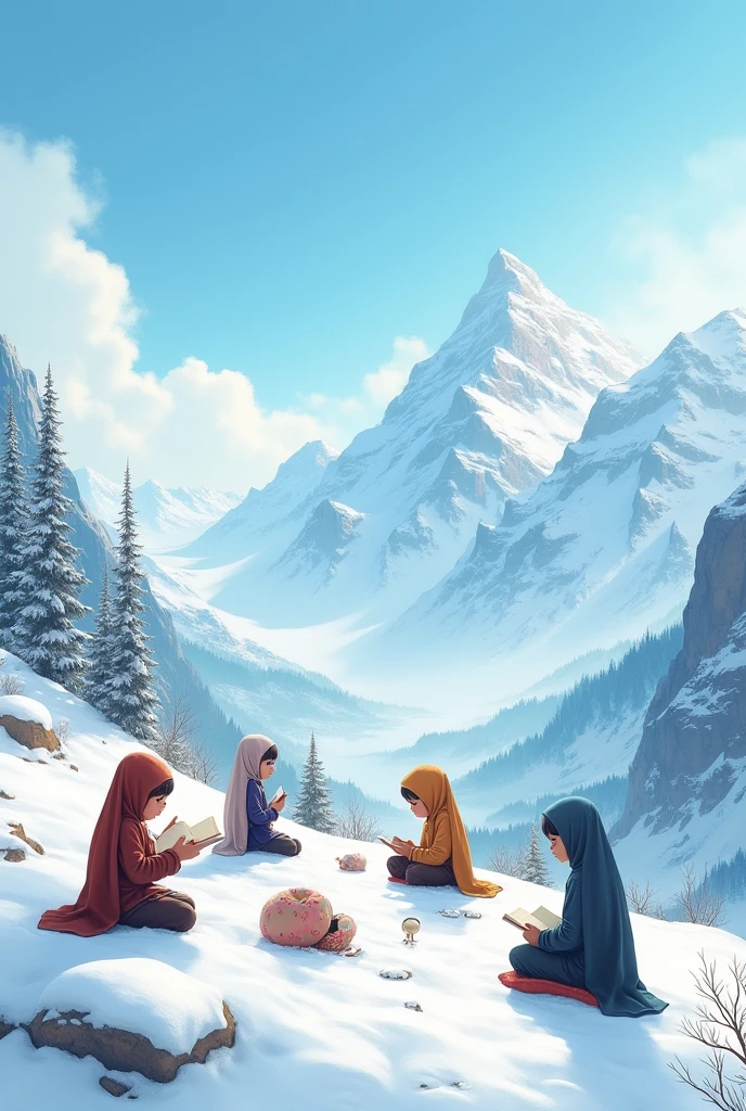 Islamic children some are reading books some praying Salah some playing games on top a snow valley