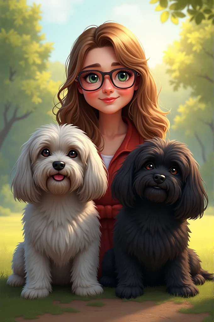 I create a 2D image, me with long, light brown hair, green eyes and I wear glasses. not sofa, with my two Lhasa dogs, one gray and the other black.