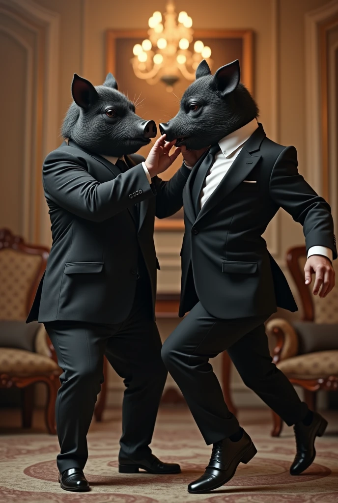 Black pig in formal suit, fighting with a man in a formal suit