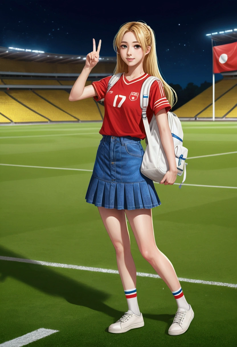 realistic anime illustration of adorable blonde young woman at soccer stadium, (v sign gesture hand), carrying white backpack, night scece, she has a long hair and forehead, she wearing red and blue vertical striped soccer t-shirt, blue denim a-line mini skirt, white sneakers (1girl, solo, full body), (masterpiece, best quality, japanese anime style), (expressive eyes, perfect face)