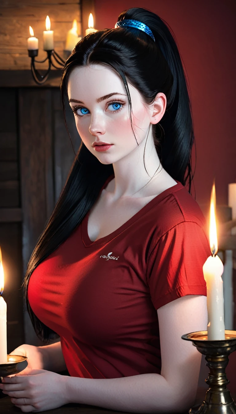 skini girl, red t-shirt , (((((pale skin)))))), blue eyes, white girl, deep black hair, ultra realistic, , large breast, (((huge breast))), ponytail hair, candle lights,