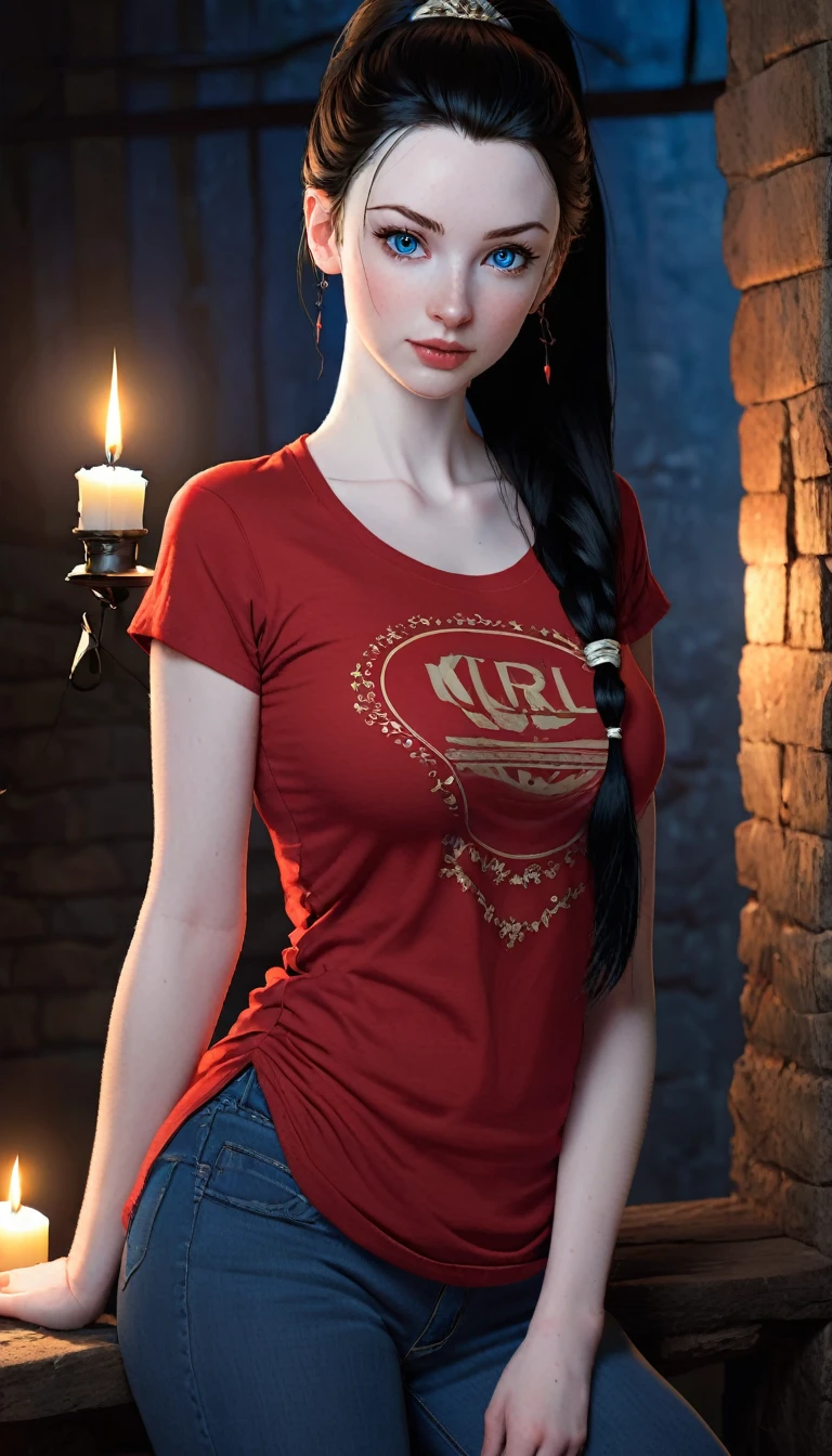 skini girl, red t-shirt , (((((pale skin)))))), blue eyes, white girl, deep black hair, ultra realistic, ************, large breast, (((huge breast))), ponytail hair, candle lights,