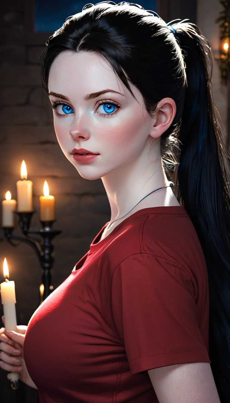 skini girl, red t-shirt , (((((pale skin)))))), blue eyes, white girl, deep black hair, ultra realistic, 16 years old, large breast, (((huge breast))), ponytail hair, candle lights,