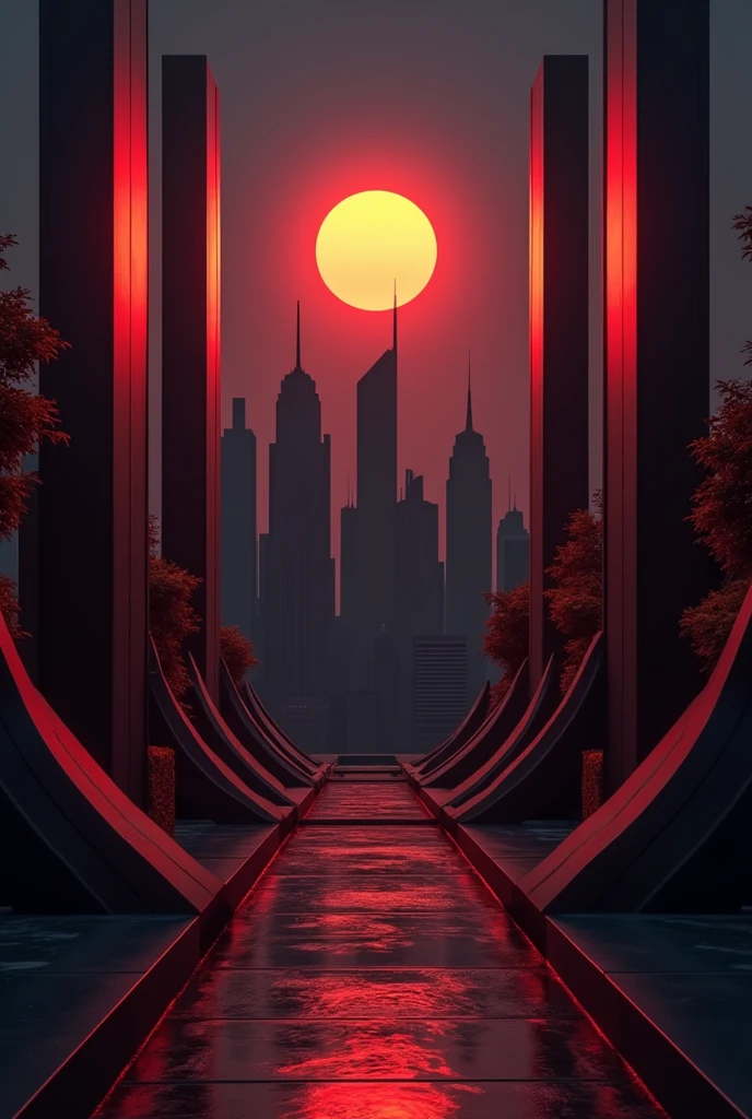  A circular logo futuristic cityscape  silhouetted skyscrapers in the background, and abstract geometric shapes and elements in various shades of maroon and gold
---