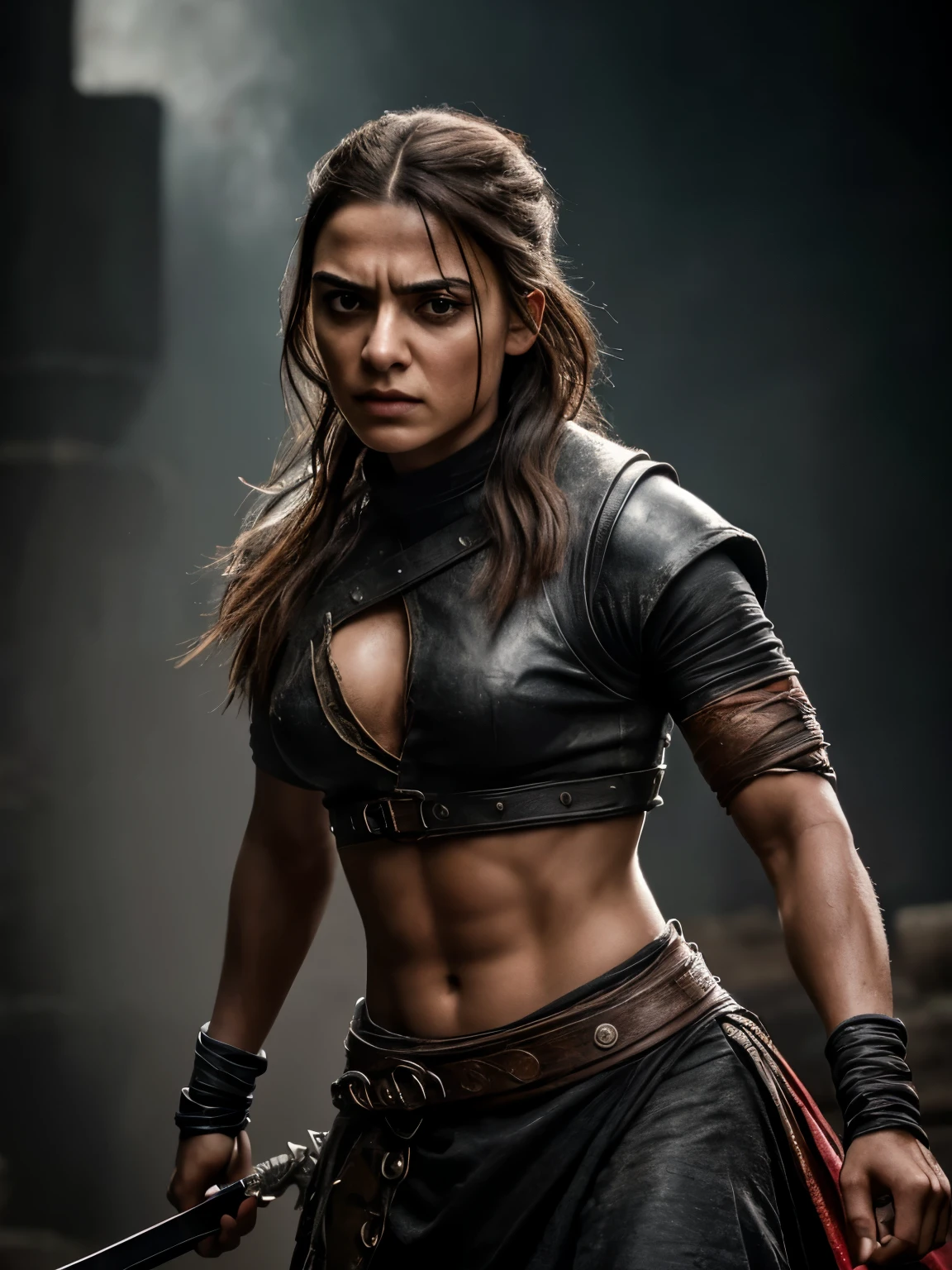 (best quality,4k,8k,highres,masterpiece:1.2),ultra-detailed,(realistic,photorealistic,photo-realistic:1.37),sword-wielding,ferocious,brave warrior,girl with a brave expression,Arya Stark from Game of Thrones,detailed facial features,expressive eyes,sharp nose,fierce eyes,beautiful face,flowing hair,fine clothing and armor, round deep navel,powerful stance,confident posture,misty background,hint of smoke,fierce battle scene,warrior in action,heroic aura,gritty texture,strong contrast,vivid colors,highlights and shadows,stark contrast between light and dark,moody feel,mysterious lighting,dramatic composition,splashes of red and black,dynamic movement,strong presence,unforgettable,portrait of resilience and strength.