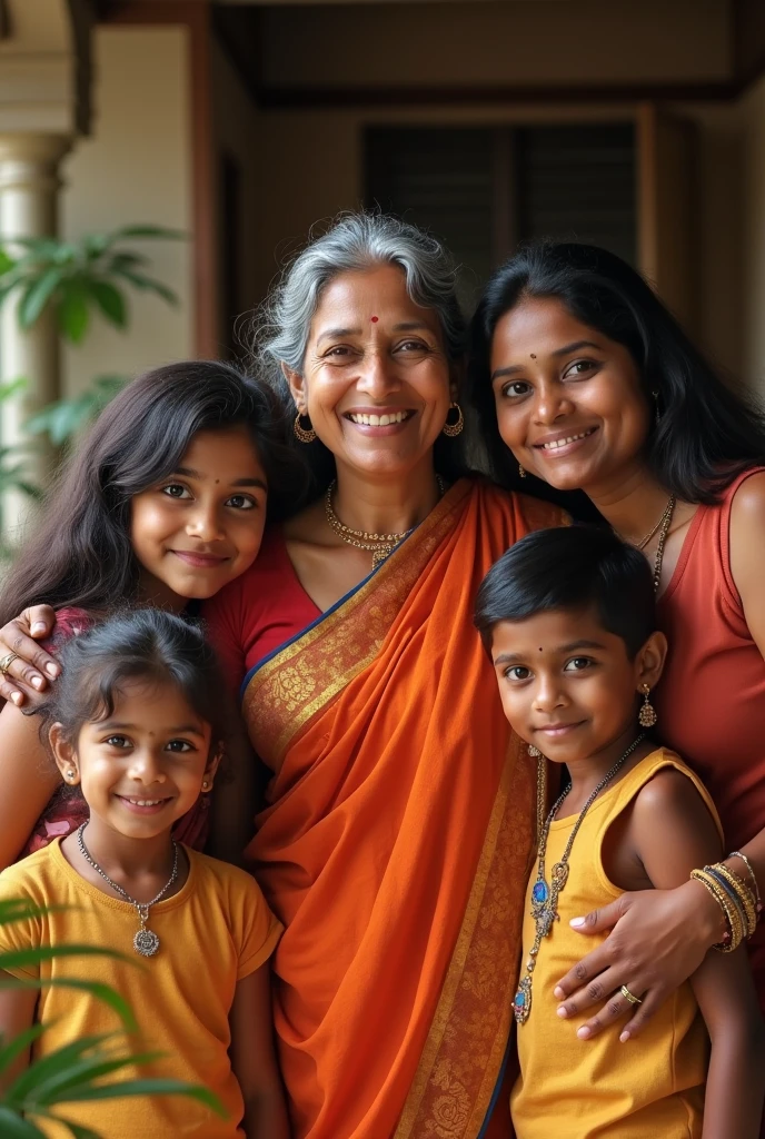 A middle aged south indian women with her family smiling