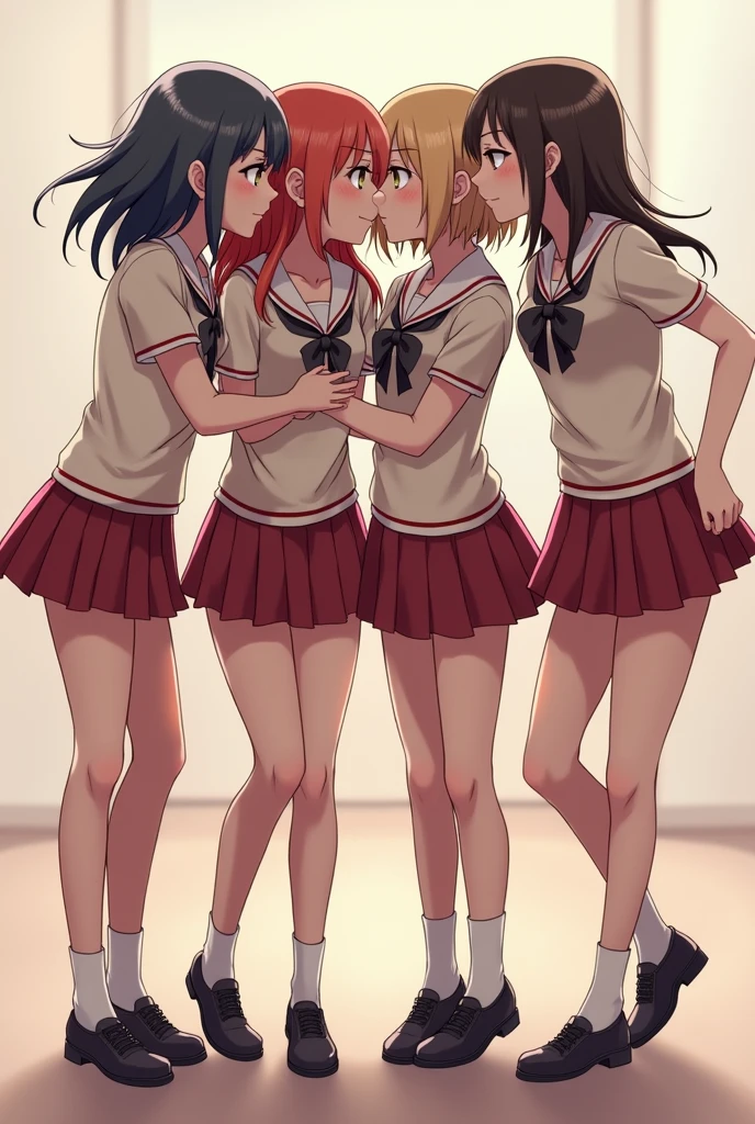detailed picture of 4 extremely cute color guard girls kissing in short skirts showing panties
