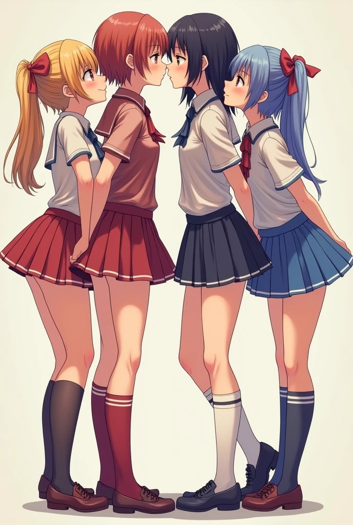 detailed picture of 4 extremely cute color guard girls kissing in short skirts showing panties