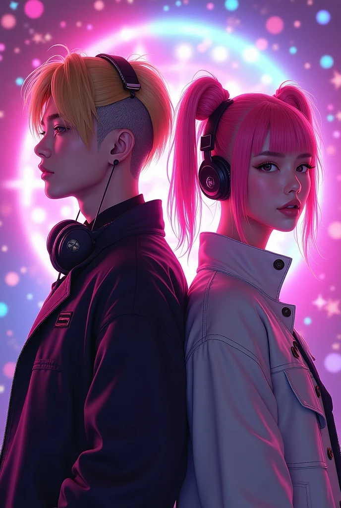 A layer of "IT'S NOT U IT'S ME" presents DJ Tyde West white American male, hair blonde, bangs with shaved sides and friendly face, jacket and headphones, and Japanese singer Sakura Rina with pink hair in space buns. The vibrant and dynamic background reflects the song's message of empowerment and self-discovery.. Back to back. realisitic