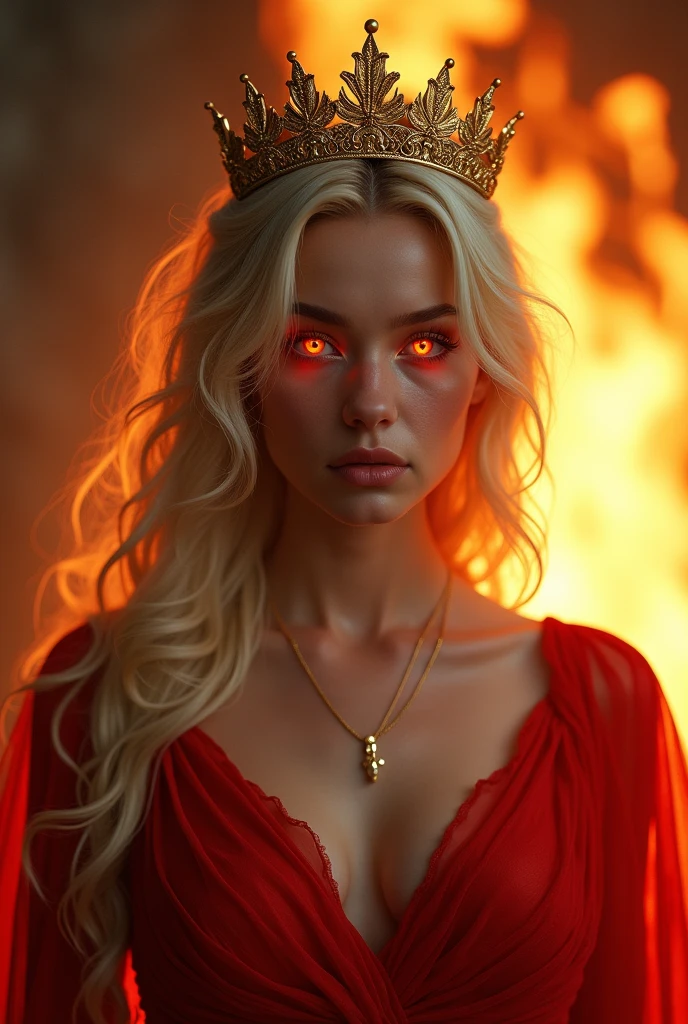 An image of a young woman&#39;s face with blonde hair, the pupil of his eyes is red, She wears a red dress, wears a golden princess tiara on her head, in the background a large fire shines 