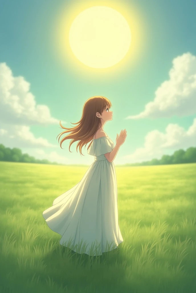 A little long brown hair anime girl wearing a white gown standing backside.She is smiling and spreading her hands looking above directly at the sun. She is in a big field.she is near the camera. The sun is parallel with her.