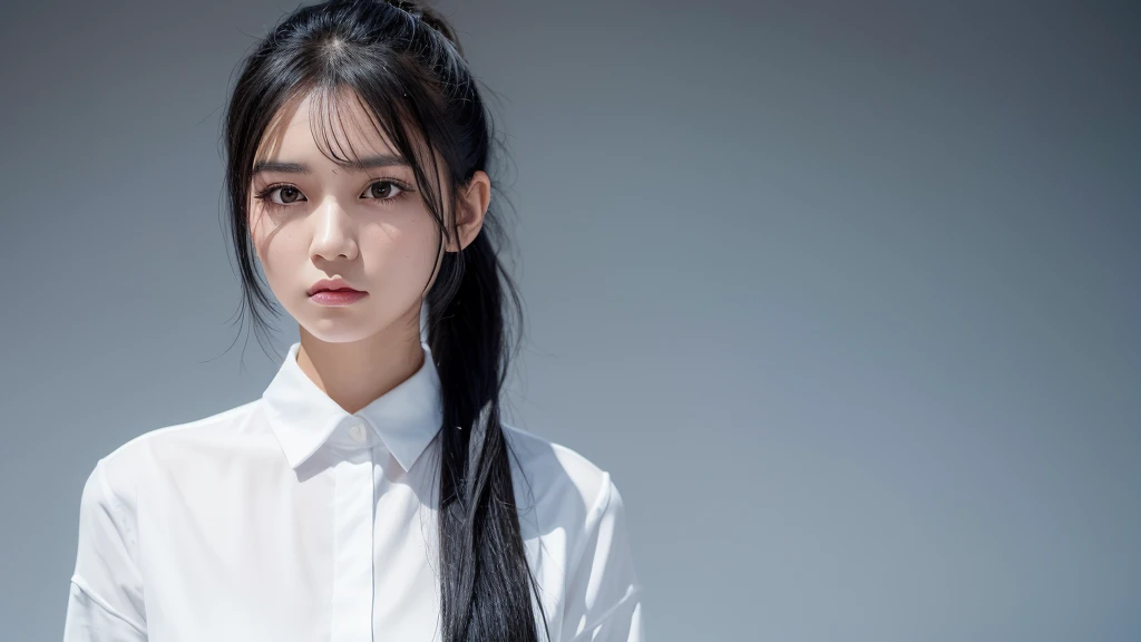 A delicate, pretty young woman with black hair in a glossy ponytail. She is wearing a white shirt. The background is a fantastic space. Her expression is stern and atmospheric.