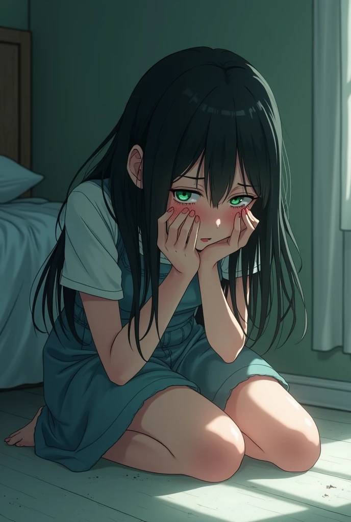 Woman 20-25 years old, Black-haired girl with green eyes crying in the corner of her bed collapsed on her knees while she dries her disheveled tears, pale white pretty looking at the floor anime style/realist