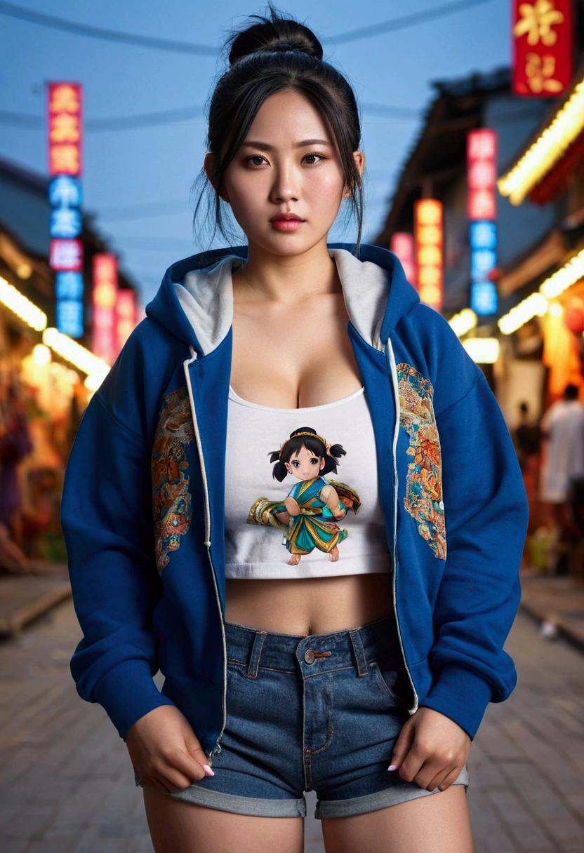 Female model,Age 30 years,Chinese tribe,tipe tubuh tebal berbig breasts,fair skin,big breasts,big ass thick thighs,facing a sad face,Black hair color,bun hair type,blue eye color,clothes jacket hoodie shorts jeans,whole body distance,dynamic angle,model pose action,city street,cinematic lights,realism style