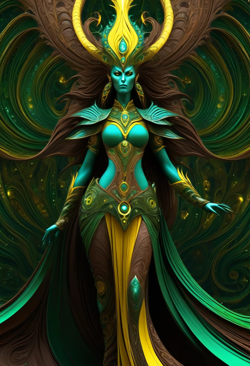Tzeentch as a woman,displaying her own power.((changing,knowledge,defiance, plotting, foreseeing)),((dark green,rusted brown, yellow greenish)),(( Full figure wiew)). ((Three quarter wiew)).((fractal)),((deep wiew)),warp space scenario background,photographic,ultra high resolution,hyperdetailed, masterpiece, 3d modelling, digital art.