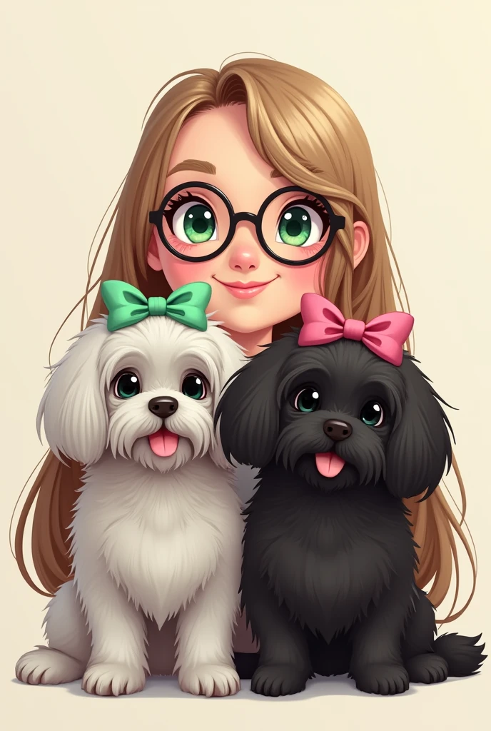 I create a 2D image, me with long, light brown hair, green eyes and I wear glasses. not sofa, with my two Lhasa dogs, One is gray and the other is black with bows on their heads.