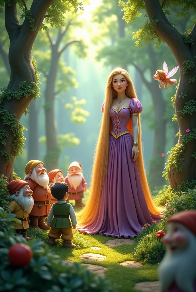 Create a Rapunzel image, Snow White the same size as Rapunzel, the seven dwarfs and a fairy