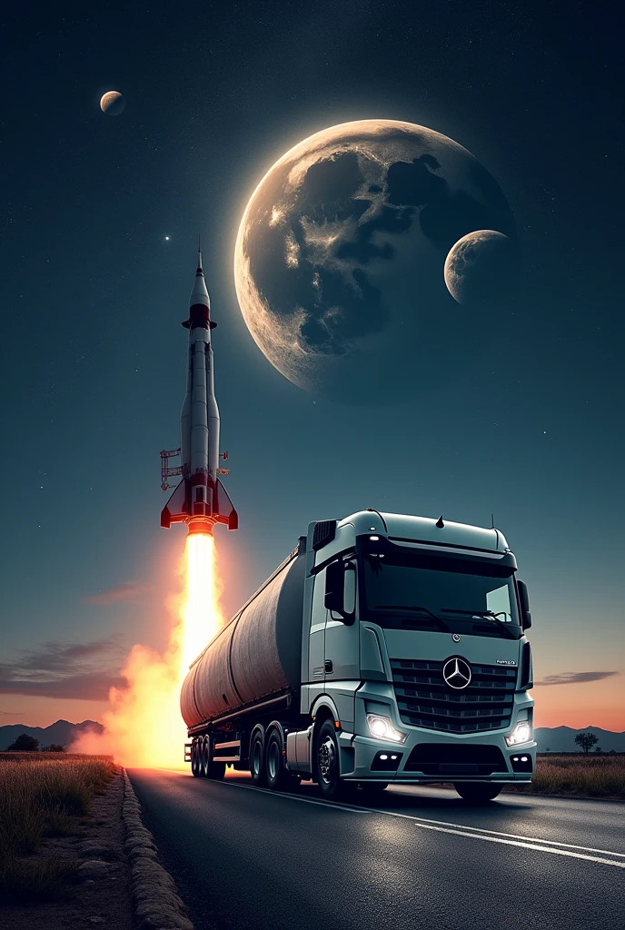A road to the moon, This road starts from the ground and reaches the moon, with a mercedes axor truck, half truck half rocket,  around the image have planets and stars,