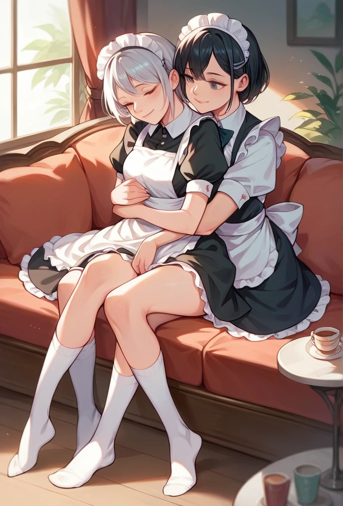 pretty girl,smile,Silver Hair,Short Hair,Maid clothes,White Over Knee Socks,,pumps,Cafe,,Pull up your skirt,2girls, Long black hair,Beautiful girls,Sit on the sofa,Hug from behind,yuri