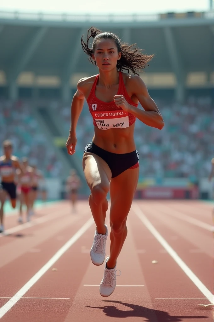 Imagine a female athlete trying her best on track and field to win Olympic gold medal