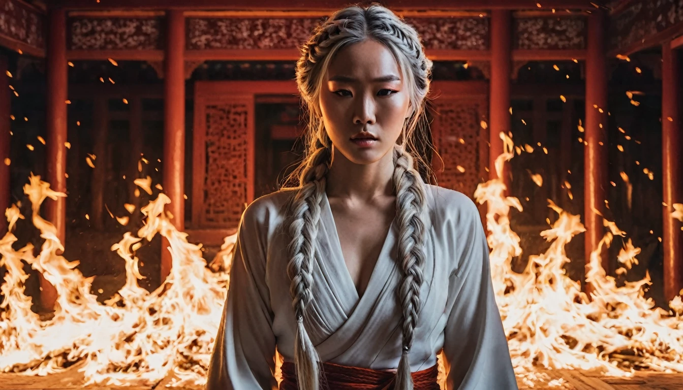 a woman engulfed in flames, her hair is white as snow and is braided the scene is dark and gloomy, must show her full body, This all happens inside a ceremony room in a temple