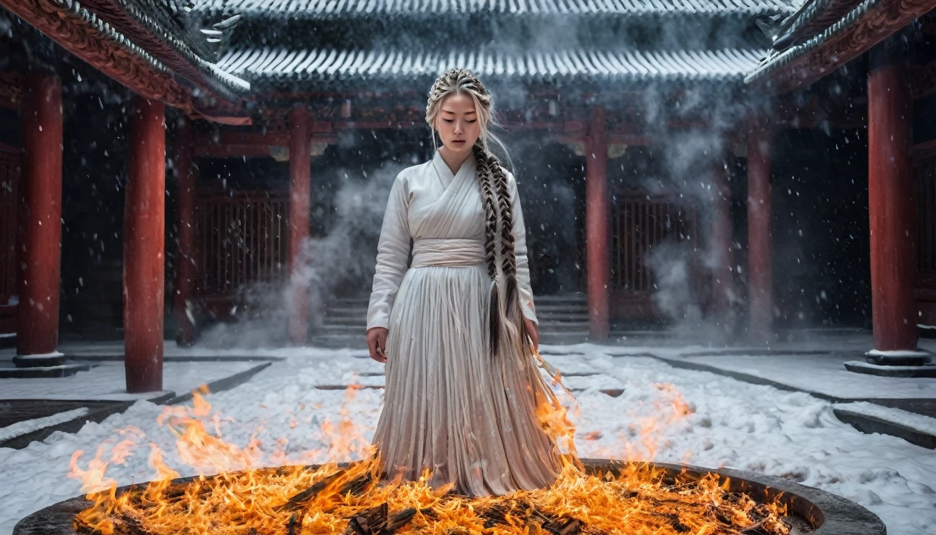 a woman engulfed in flames, her hair is white as snow and is braided the scene is dark and gloomy, must show her full body, This all happens inside a ceremony room in a temple