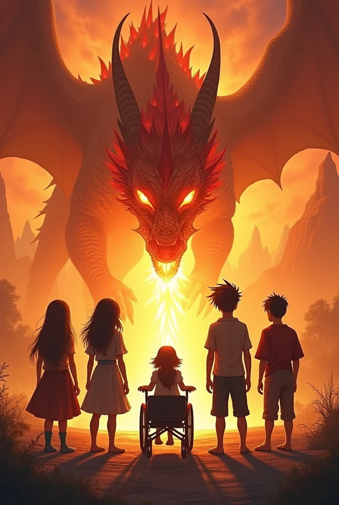 A group of 5 children (A spirited young girl from the Sunstone Tribe, A calm and wise boy from the Moonshadow Clan, A young girl from the Sky wind Nomads, who can communicate with animals, A young boy from the Earthbound Village, known for his strength and connection to the earth. A young girl with a physical disability from the Starflower Meadows, uses her inventive mind and a magical wheelchair to navigate the world). 2 young girls and 2 young boys stood with one young girl in a wheelchair before the massive fire dragon, with the brilliant Flame Crystal glowing in the background, demonstrating their bravery and teamwork.