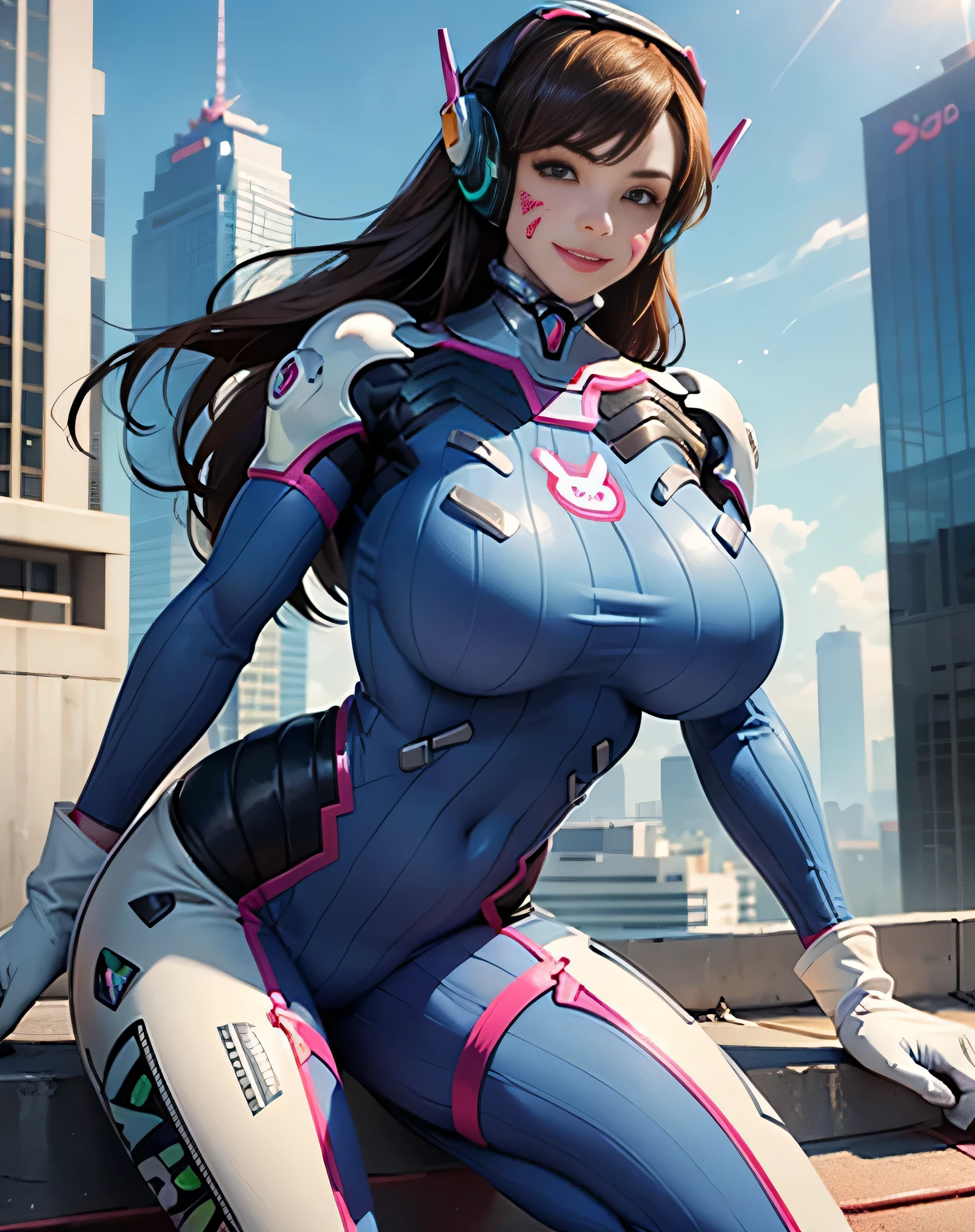 (High resolution:1.6),(1 girl:1.5),(solo, one woman:1.5),(Side angle photo),(Showing face:1.4),(Beautiful face woman:1.2),(cool beauty:1.5),(Plump lips),(Rooftop overlooking the skyscrapers:1.2),(huge saggy breasts:1.7),(Leaning forward:1.3),(flaunt muscles:1.2),(Muscular:1.5),(looking at viewer:1.4),(sexy:1.3),(hand on knee),(Smilingly),(Gorgeous Body:1.1),aahana, long hair, brown hair, headphones, whisker markings, shoulder pads, blue bodysuit, ribbed bodysuit, animal print, clothes writing, long sleeves, white gloves,(Smiley:1.3),Erect nipples,(Age 17:1.5)