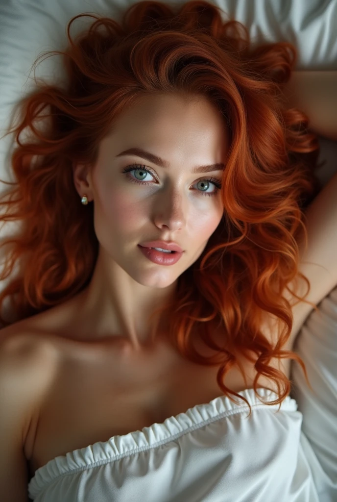 (Realistic photo of a beautiful woman, 35 years old, laying in bed, grey eyes, full full lips, red hair, long curly hair, curls, tanned skin, jewellery, realistic, soft lighting, professional photography, photorealistic, detailed, RAW, sharp focus, ultra-high resolution, best quality, masterpiece, (best quality, high-resolution, ultra-detailed:1. 2), HDR, bright colours, curvy, sexy, earrings,