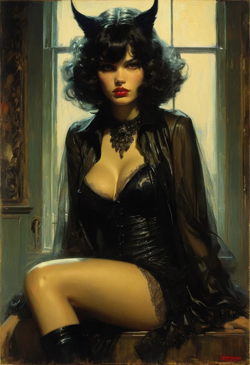 sexy girl, next to a large window overlooking a big city, night, sadness, melancholy, sexy, lingerie, stockings, elegant and provocative, lascivious, oil painting, chiaroscuro, sensual, dramatic lighting, moody atmosphere, photorealistic, intricate details, masterpiece, ultra-detailed, high quality, 8k, best quality, realistic, cinematic, dark and brooding, expressionistic, powerful composition, emotional impact, Bill Sienkiewicz inspired art
