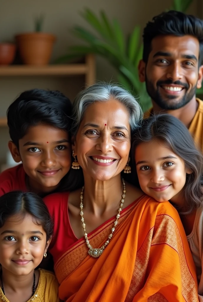 A middle aged south indian women with her family smiling
With sons and daughters