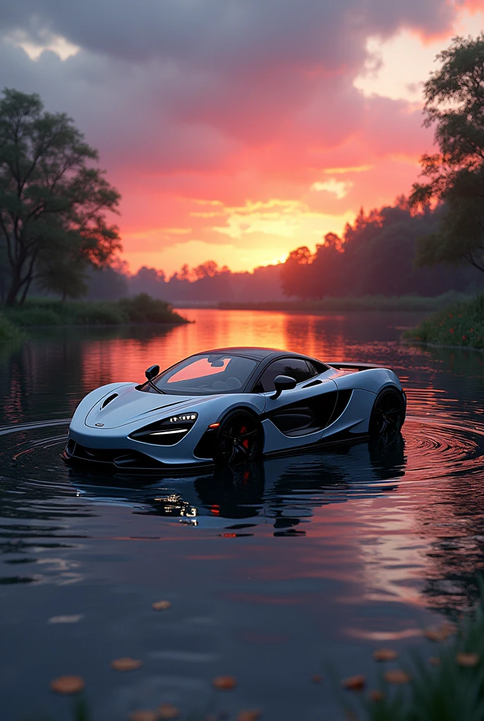 A maclaren car in a river with some water left with a beautiful sunset and a red blue sky